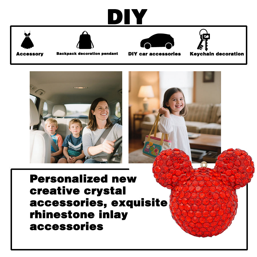 3D rhinestone bear earrings - cute animal pendant for backpacks, keychains, and car decorations (red/pink) "" Sparkling big eared bear earrings - handmade crystal accessories, suitable for DIY gifts and fashion "