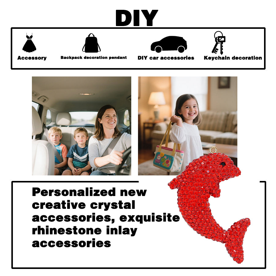 DIY Diamond Dolphin Pendant - Sparkling Marine Animal Pendant, Suitable for Backpacks, Cars, and Keychains (Red) 3D Crystal Dolphin Charm - Handmade Sparkling Accessory for Beach Enthusiasts and Teenagers