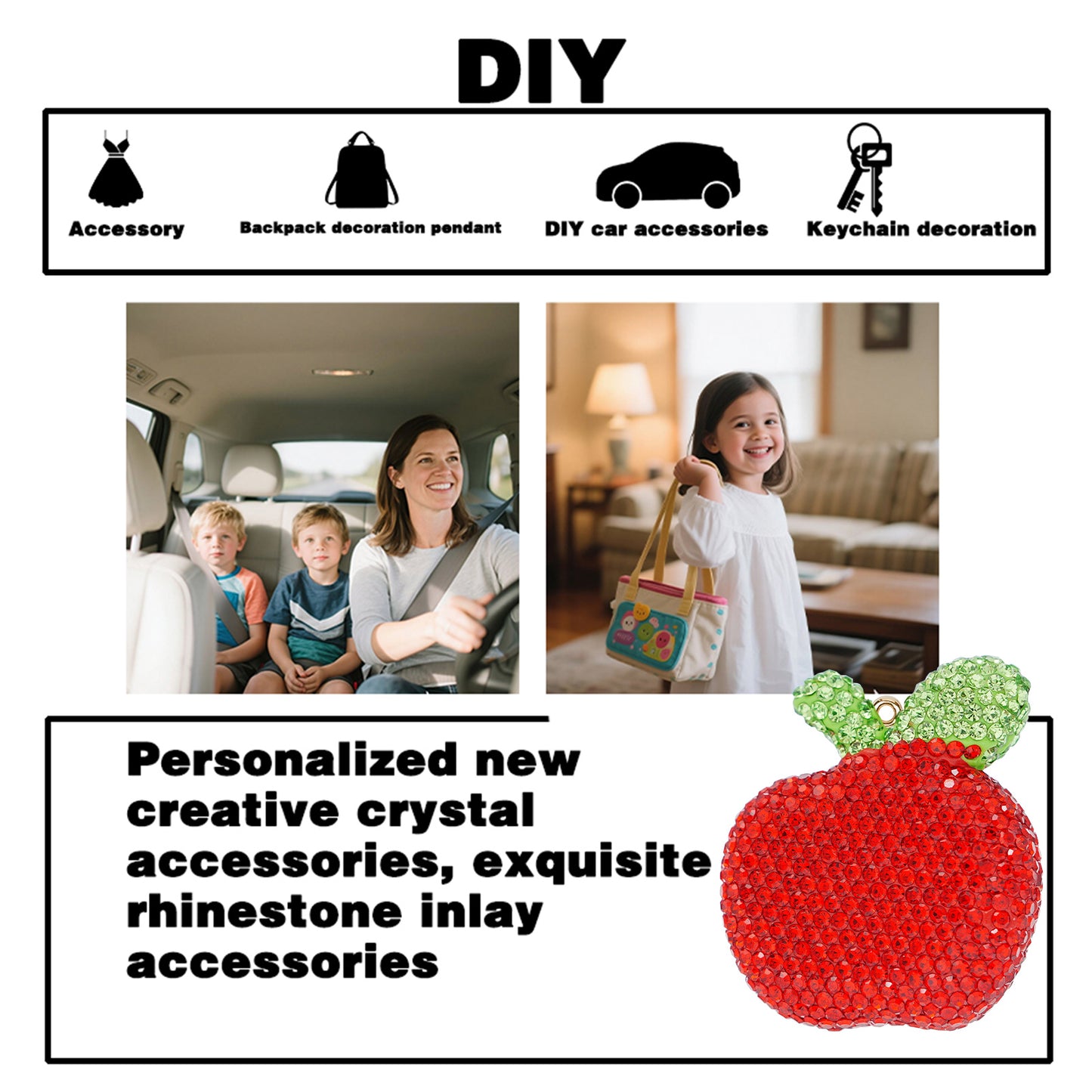 DIY rhinestone apple jewelry, creative car hanging accessories, keychains, three-dimensional diamond inlaid fruit shaped clothing accessories